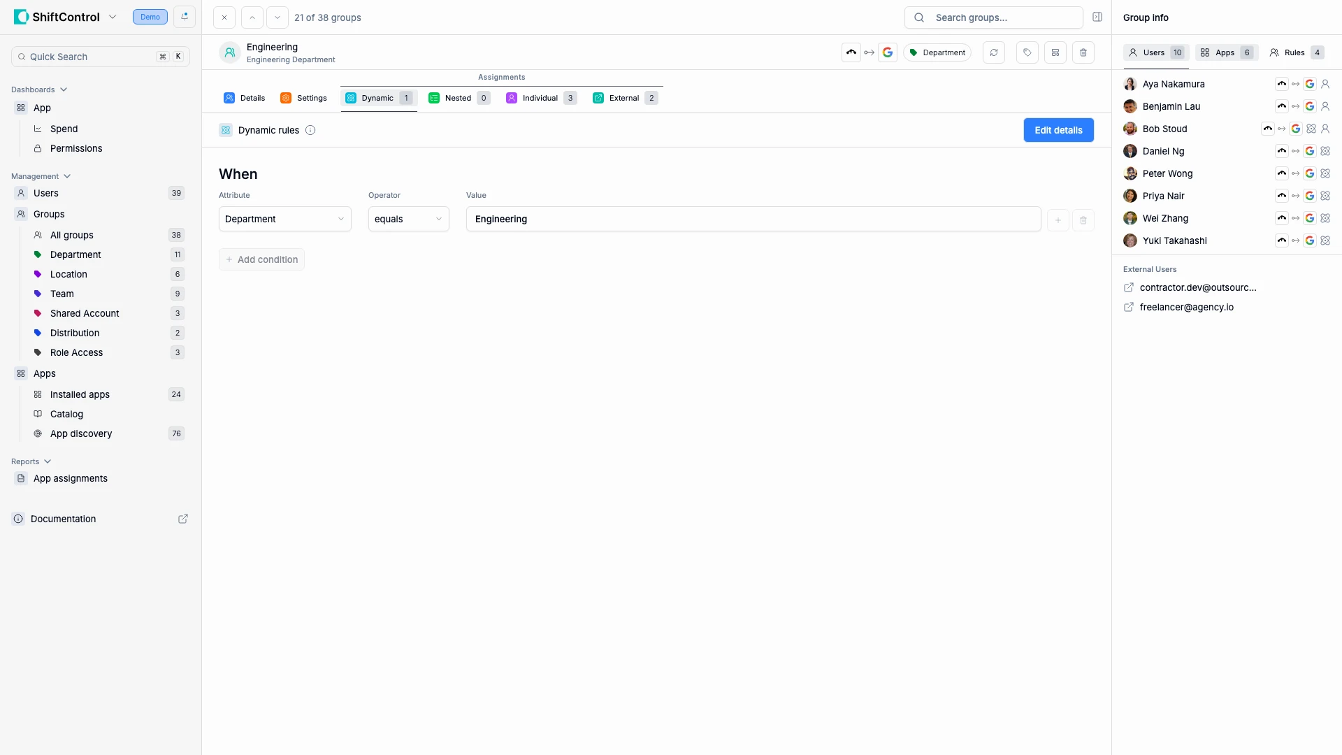 Group detail page showing membership rules, general settings, and sidebar with users/apps/rules